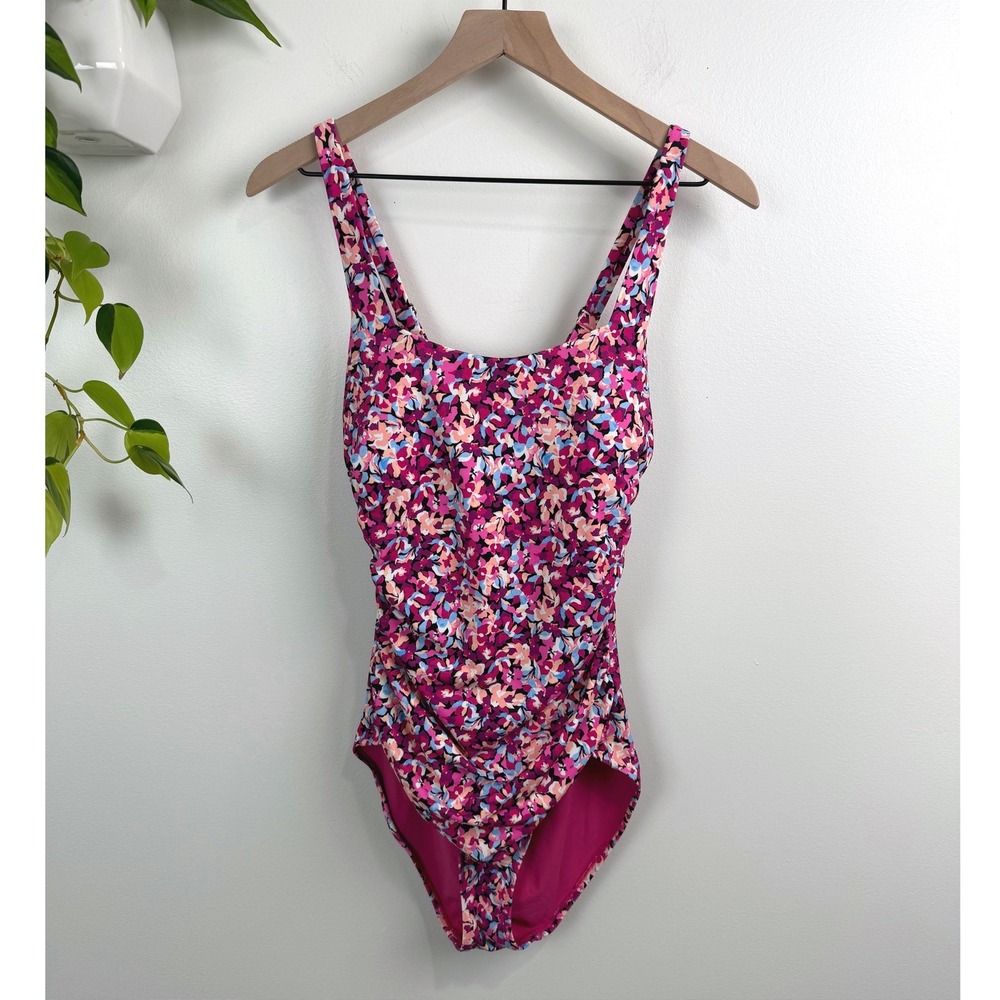 Athleta Square Neck One Piece Swimsuit Floral Pink Ruched Side Beach Vacation M